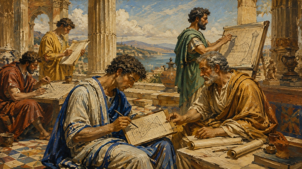 Scholars and architects drafting plans on a classical terrace — the discipline of building with intent
